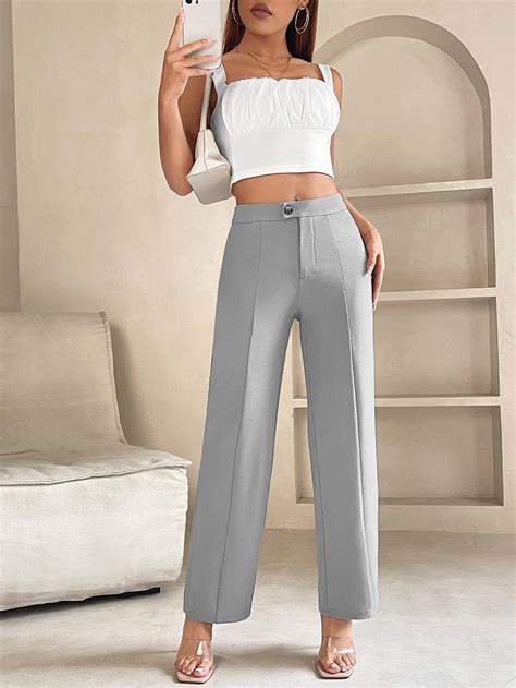 Shein Petite Pantalones De Talle Alto Con Costura Moda De Mujer