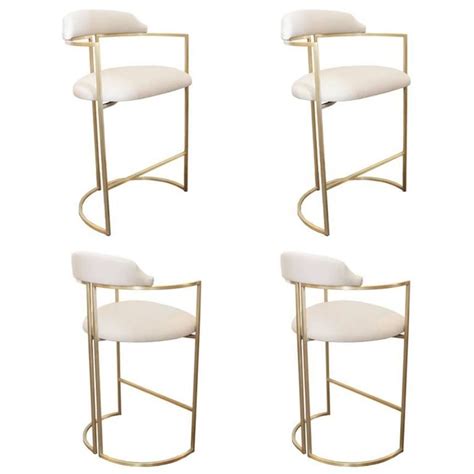 Brass Bar Stools Upholstered In White Leather For Sale At Stdibs