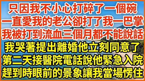 只因我不小心打碎了一個碗，一直愛我的老公卻打了我一巴掌，我被打到流血三個月都不能說話，我哭著提出離婚他立刻同意了，第二天接醫院電話說他緊急入院