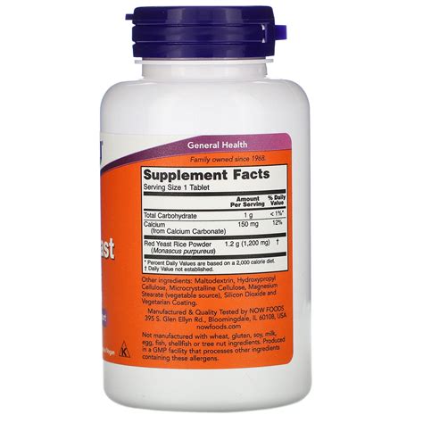 Now Foods Red Yeast Rice 1200 Mg 60 Tablets