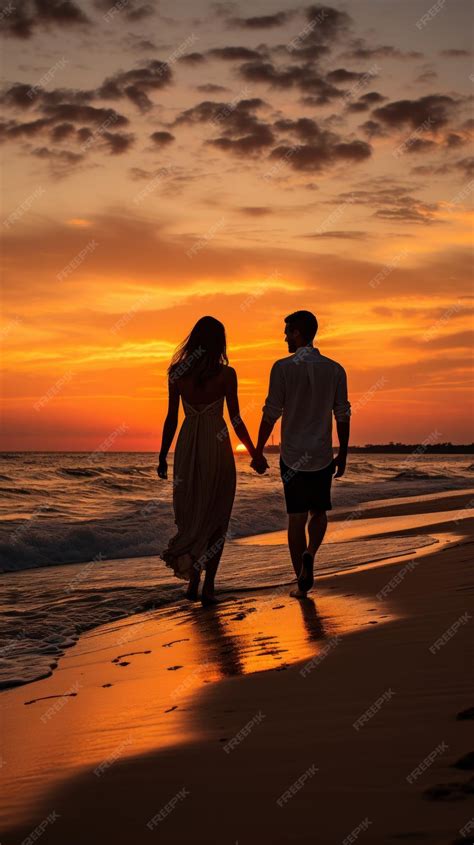 Premium Photo Romantic Beach Stroll Under Sunset Skies