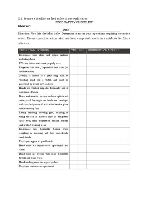 Food Safety Checklist | PDF