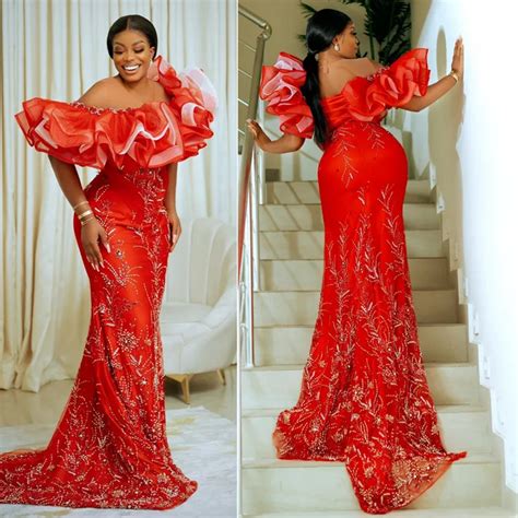 Plus Size Aso Ebi Prom Vestidos Vermelho Sheer Neck Al As Organza