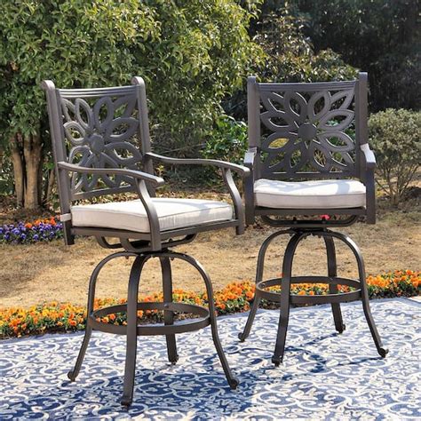 Phi Villa Brown Swivel Cast Aluminum Outdoor Bar Stool With Beige