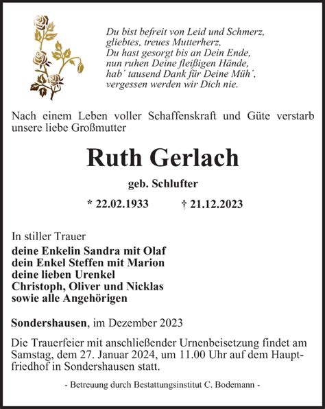 Traueranzeigen Von Ruth Gerlach Trauer In Thueringen De