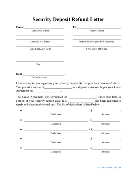 Landlord Return Security Deposit Letter Sample