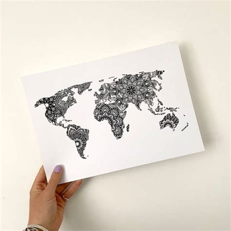 World Map Mandala Print Wall Art Minimalist Travel Black And Etsy