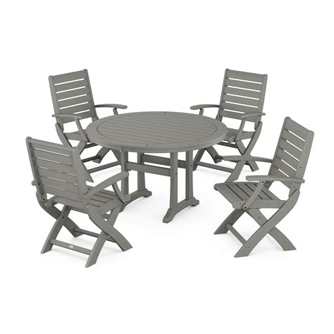 Polywood® Signature Folding Chair 5 Piece Round Dining Set With Trestle Legs Pws1130 1