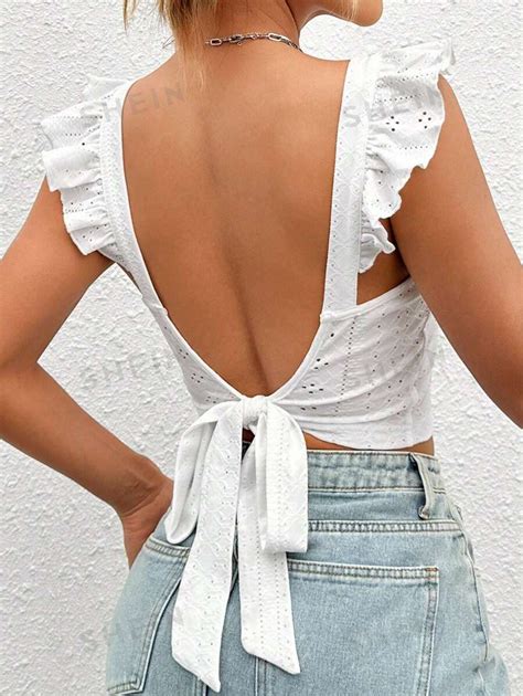 Shein Wywh Eyelet Embroidery Ruffle Trim Crop Top Shein Usa