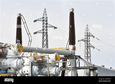 high voltage electrical insulators in power substation Stock Photo - Alamy