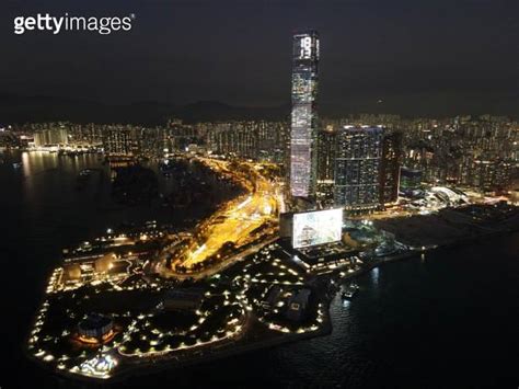 Drone Shot Of Sky Observation Deck In Hong Kong At Night