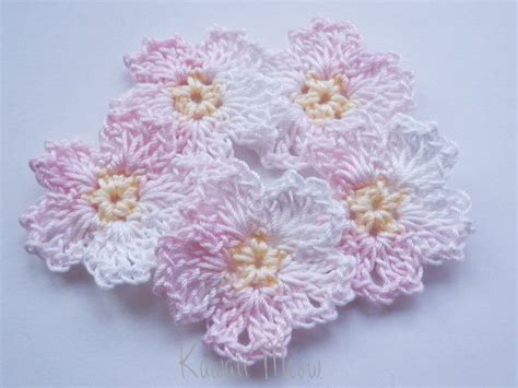 Crochet Applique Motif Flowers Set Of 5 Sakura Cherry Blossoms Etsy