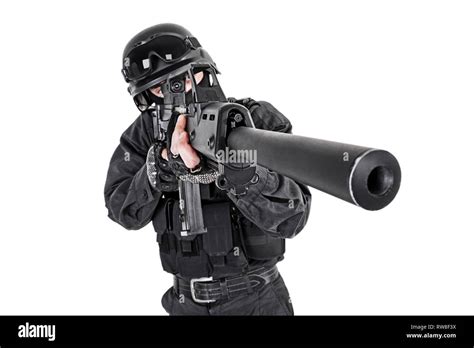 Spec Ops Police Officer Swat In Black Uniform Studio Shot Stock Photo