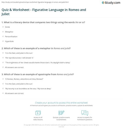 Romeo And Juliet Act 1 Figurative Language Worksheet Answers Language