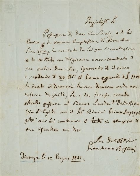 Rossini Gioacchino Lettera Autografa Firmata Una Pagina In Mm