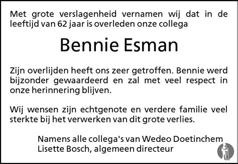 Gradus Bernardus Bennie Esman 01 06 2009 Overlijdensbericht En