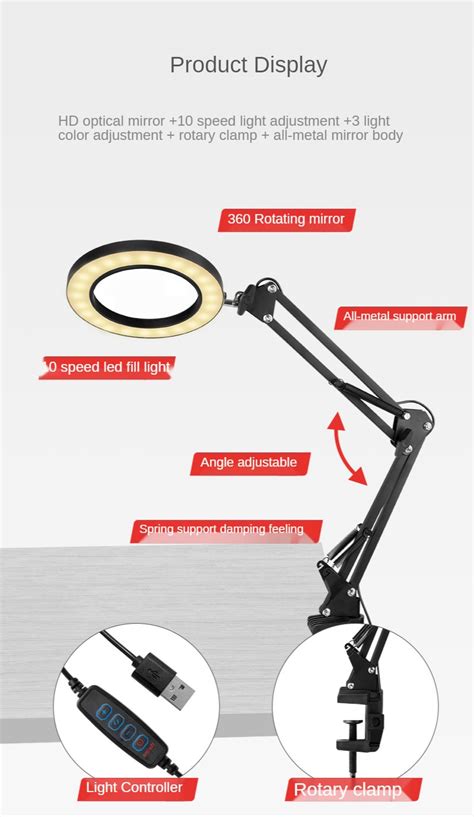 La couleur noire Lampe loupe flexible USB loupe de table à clipser