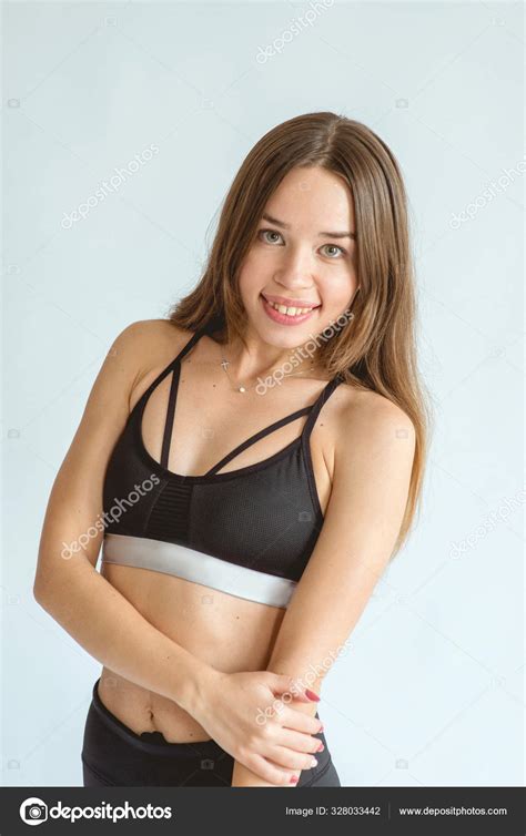 Brunette Beautiful Cheerful Fit Woman Sport Wear Outfit Healthy Lifestyle Stock Photo