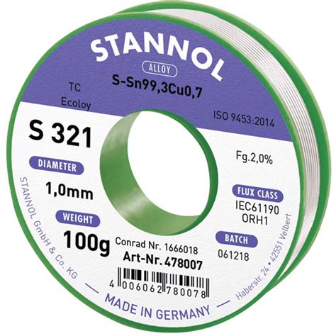 Stannol S321 2,0% 1,0MM SN99,3CU0,7CD 100G Lötzinn, bleifrei bleifrei ...