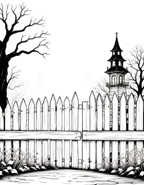 A Spooky Halloweenthemed Coloring Page Featuring A Fenced Graveyard