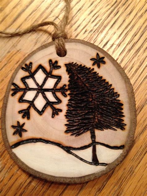 Rustic Pine Tree And Snowflake Rustic Wood Burned Christmas Ornament