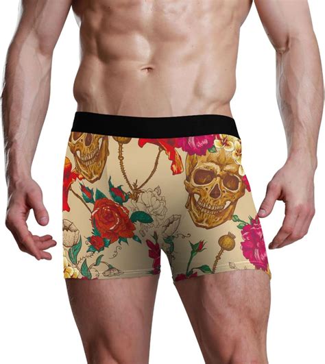 Hyjoy Vintage Skull Flowers Red Boxer Briefs For Men Underwear