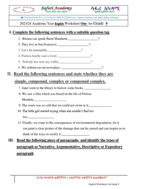 English Worksheet For Grade 9 | PDF | Linguistics