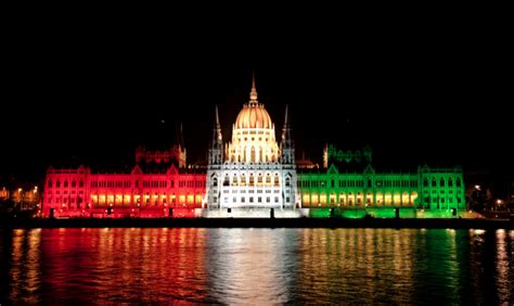 Hungarian Parliament In National Colours Itthon Ma