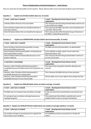 Aqa Theme A Relationships And Families Checkpoint 1 Sex Teaching