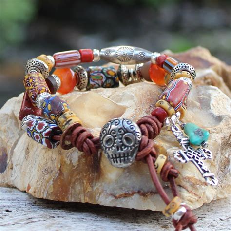 Leather Boho Bracelet Leather Button Bracelet Boho Beaded Bracelet