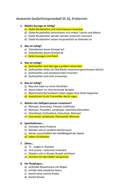 Klausur Juli 2016 Fragen und Antworten Anatomie Gedächtnisprotokoll