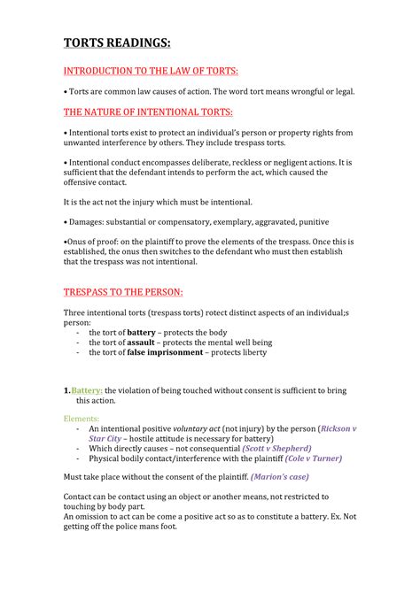 Full Torts Notes Torts Readings Introduction To The Law Of Torts