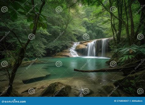 Majestic Waterfall Cascading Into Crystal Clear River In Lush Jungle