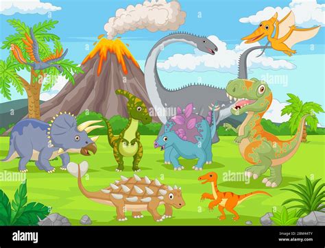 Grupo De Dinosaurios Divertidos En La Selva Imagen Vector De Stock Alamy