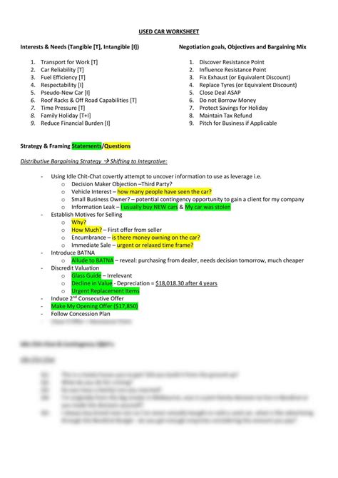 Negotiation Skills Used Car Worksheet Mgmt3721 Negotiation Skills