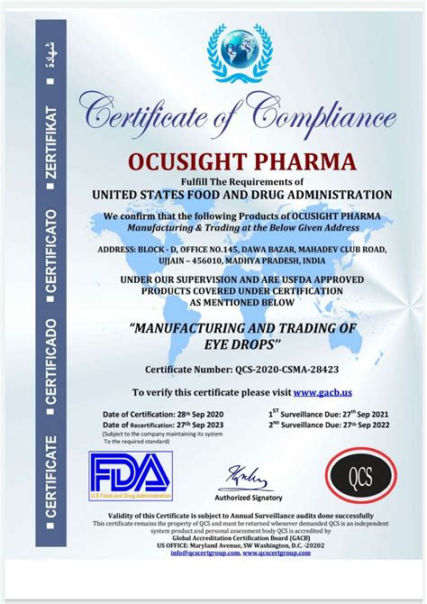 Fda Certification Our Certificate Ocusight Pharma Your Eye Is Our