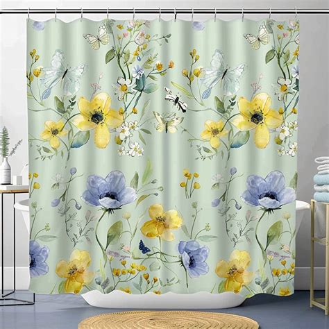 Pastel Yellow And Blue Wildflowers Butterfly Shower Curtain Watercolor