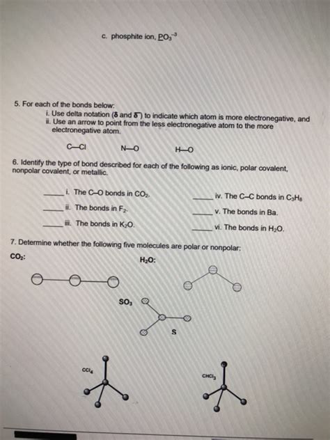 Solved c. phosphite ion, PO, 5. For each of the bonds below: | Chegg.com