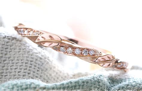 Vintage Rose Gold Leaf Wedding Band, Nature Inspired Diamond Wedding ...