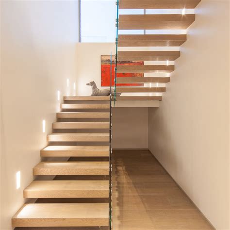 Straight Mild Steel Glass Modern Floating Staircase Prefab Steel Glass