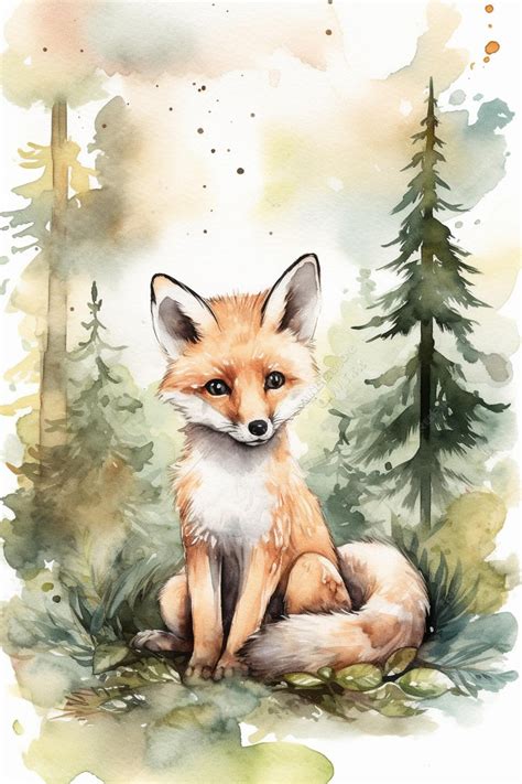 Premium AI Image | A watercolor painting of a fox sitting in the forest.