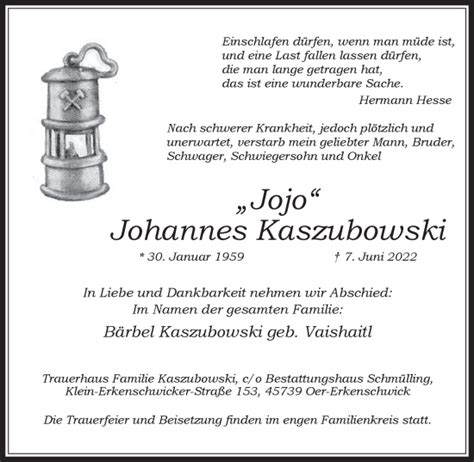 Traueranzeigen Von Johannes Kaszubowski Sich Erinnern De