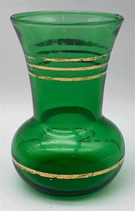 Vintage Emerald Green Glass Bud Vase With Gold Gilt Trim Etsy