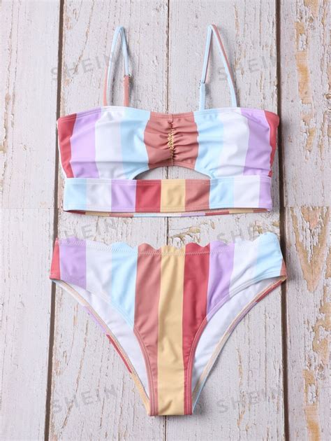 SHEIN Swim Summer Beach Colorblock Bikini Set Ruched Cut Out Bikini Top