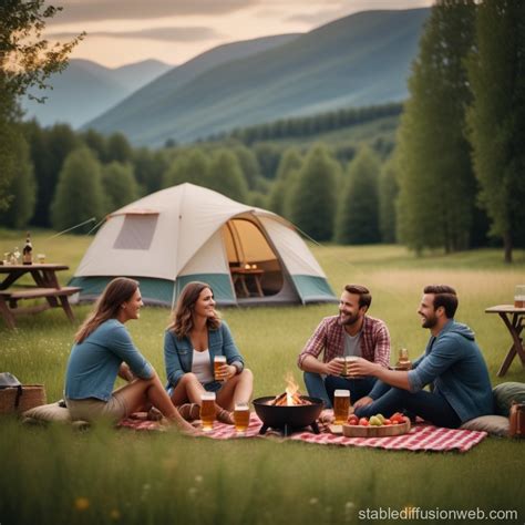 Friends Camping Feast On Meadow Stable Diffusion Online