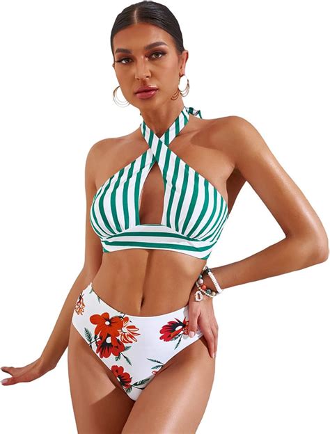 KRUPTI Damen Badeanzug grün geteilt sexy Halter Spa Resort Bikini