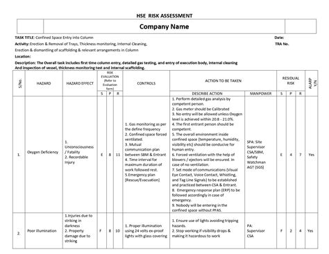 Hse Documents Risk Assessment Confined Space Cleaning Of Septic Tanks