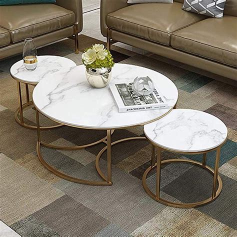 Living Room Coffee Tables Set Of 3 Round Nesting Tables With White Marble And Gold Metal Iron