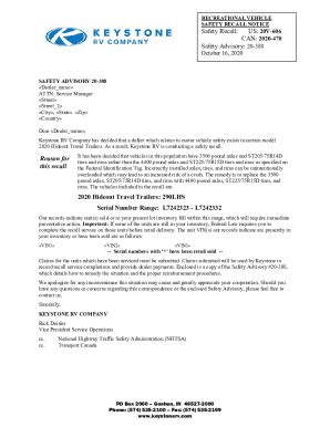 Fillable Online 20 388 Hideout Axles Recall Dealer Letter Fax Email