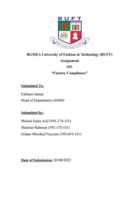 Labour Law (Assignment) - BGMEA University of Fashion & Technology (BUFT) Assignment ON “Factory ...